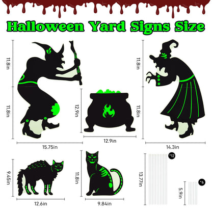 Halloween Yard Signs Decorations Outdoor - 5 Pack Large PVC Witch with Glow in The Dark, Warerproof Black Cat and Cauldron Decor, Halloween Decor with Stakes for Lawn Garden