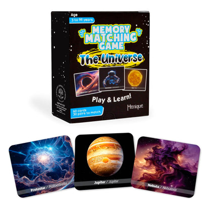 Menique Universe Memory Matching Game – 60 Cards (30 Pairs) – Bilingual Space Game with Planets, Stars & More – Educational for Kids and Adults