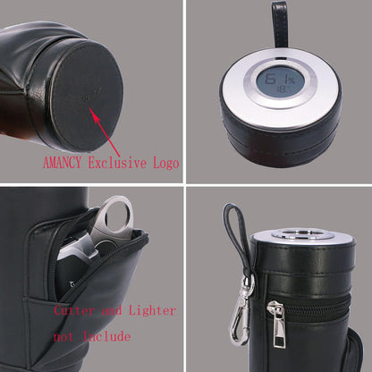 AMANCY Deluxe Top Lined Silver Metal Leather Cigar Travel Humidor Case, Great Cigar Gifts with Metal Clips for Golf Carts,Cylindrical Silver Cigar Holder Jar with Accurate Digital Hygrometer (Black)