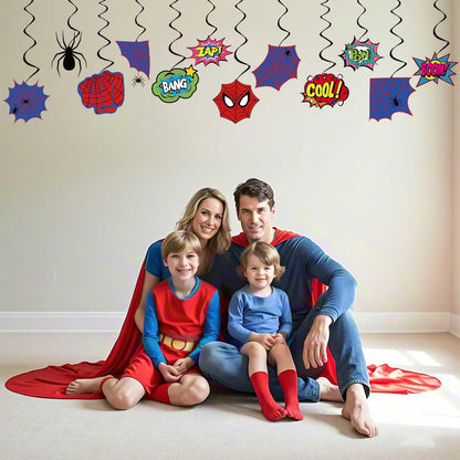 Spider Birthday Decorations Heros Party Decor, Assembled and Ready to Use, Spider Web Theme Party Hanging Swrils 24pcs Party Streamers Kids Birthday Party Decor Supplies