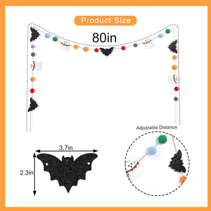 Felt Bat Ghost Garland - Spooky Halloween Party Decorations,Spooky Banner with Colorful Felt Balls,Halloween Wall Mantel Hanging Garland,Black Bat White Ghost Photo Backdrop