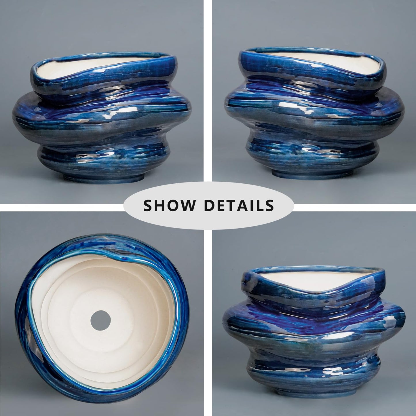 Teagas Ceramic Pots for Plants - 10.6 Inch Ceramic Planter with Drainage Hole, Decorative Planters for Indoor Outdoor, Unique Flower Pots, Garden Office House Decor, Birthday Housewarming Gifts, Blue