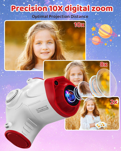 Kids Camera with Projector Spaceship 48MP HD Digital Camera for Kids 1080P Video Recorder Toy with 32GB SD Card & Tripod Outer Space Birthday for Boys Girls Age 3-12 (Red)