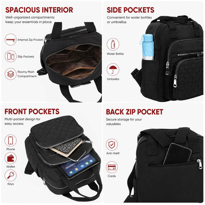 SULCET Small Backpack for Women Casual Quilted Square Bag Waterproof Multi Pockets Daypack Lightweight Top Handle Satchel