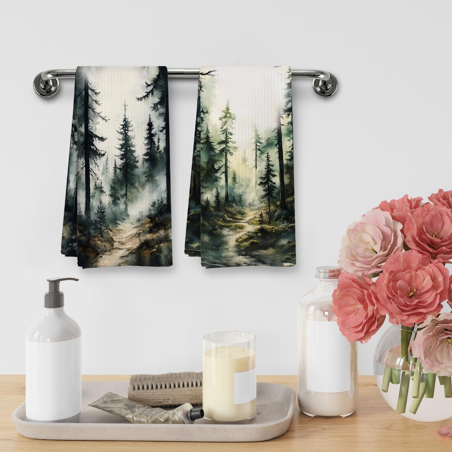 XNXLDYLH Dark Green Forest Camping Kitchen Towels and Dishcloths Sets of 2, Black Forest Mountain Bathroom Room Decor, Rustic Cabin Decor Dish Hand Tea Towels for Bathroom Kitchen, 16x24 Inch