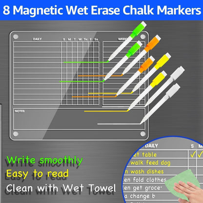 PigPotParty Acrylic Magnetic Chore Chart for Adults, 12x9.5 Inch Clear Dry Erase Chore Board for Fridge, Daily Weekly and Notes Sections, Pre-Installed Embedded Magnets, 8 Fine-tip Markers and Towel