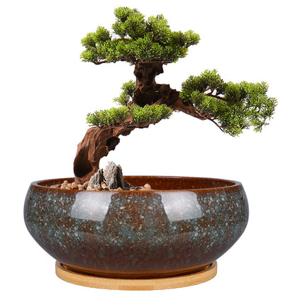 EPFamily 8 Inch Ceramic Bonsai Planter Pot, Glazed Shallow Succulent Planter with Drainage Hole and Bamboo Saucer for Indoor Plants, Green