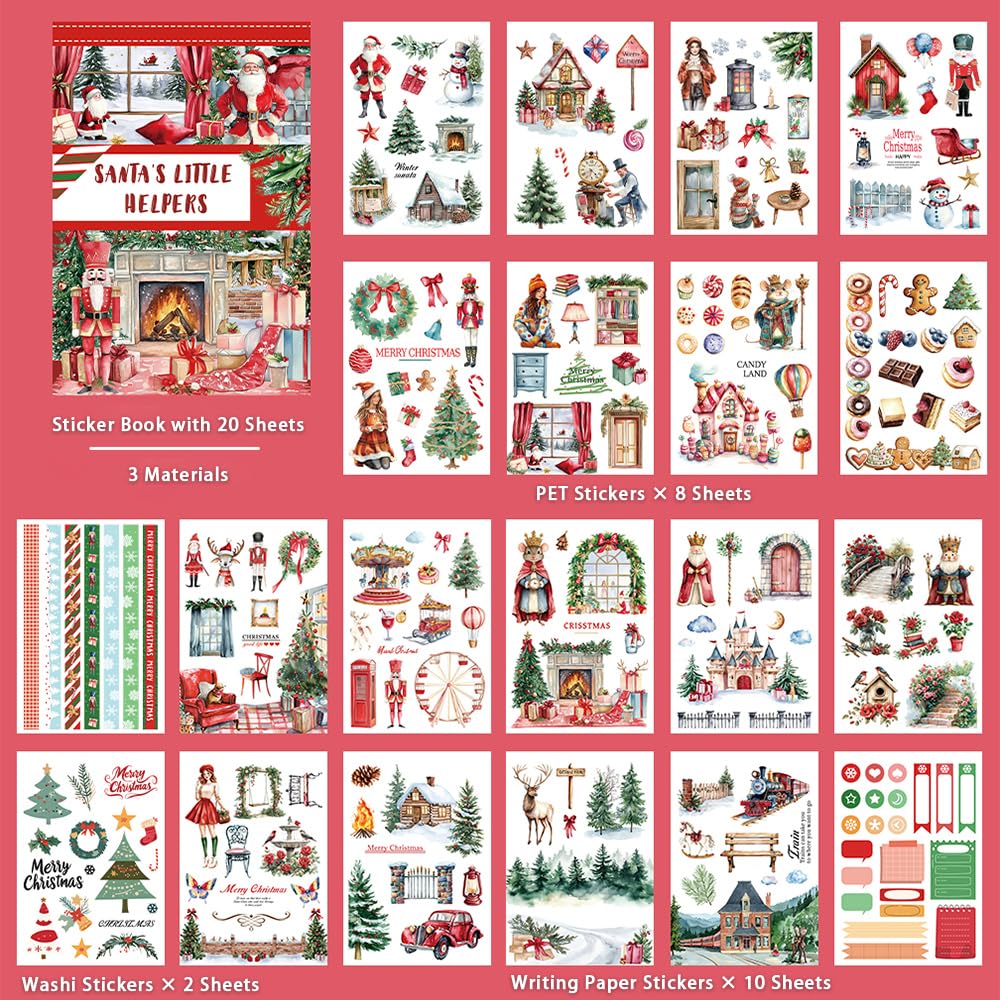 20 Sheets Pre-Cut Christmas Stickers for Scrapbooking, Bullet Journaling, Card Making & Planners - Xmas Sticker Book with Festive Holiday Designs, Self-Adhesive Scrapbook & Junk Journal Supplies