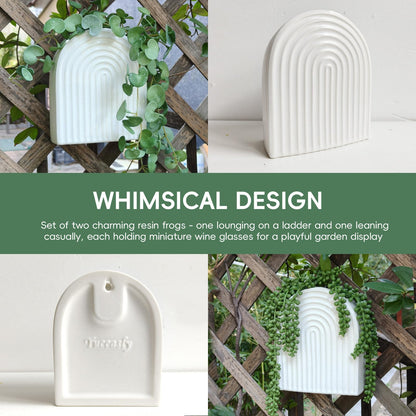 qumHmup Ceramic Wall Planter, Modern Ribbed White U-Shaped, 7.3 inch Height, Indoor Outdoor Hanging Vase with Drainage Hole, Decorative Fluted Texture
