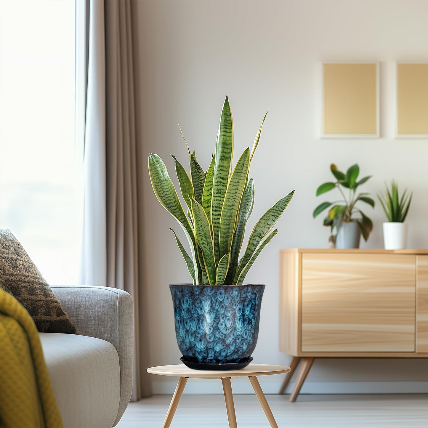 SUNPOTFOR 8 Inch Plant Pot - Ceramic Planter for Indoor Outdoor, Round Planter with Drainage Hole and Saucer, Modern Planters, Flower Pots, Apartment Porch Room Home Decor, Gardening Gifts, Blue