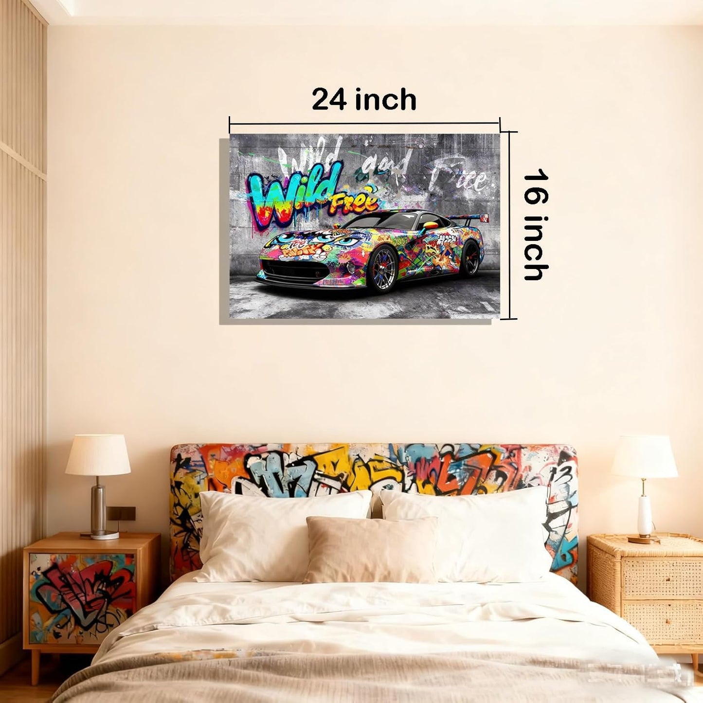 16x24 Modern Graffiti Sports Racing Car Canvas Wall Art Framed Urban Street Galley Oil Painting Gray Picture Teen Boys Pop Funny Home Decor Kids Bedroom Posters Men Office Living Room Cool Prints