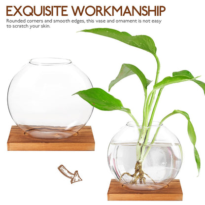 ABOOFAN Glass Hydroponic Flower Planter with Wood Base, Desktop Glass Vase for Home and Office Decor, Hydroponic Plant Terrarium Decoration