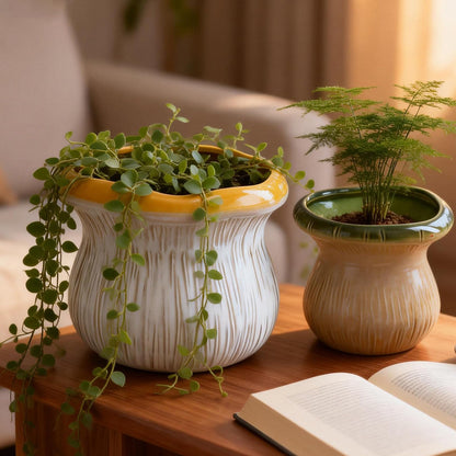 Chonsun 2 Pack Ceramic Plant Pots with Drainage Hole, Two-Tone Textured Planters for Indoor Outdoor Plants, Small Decorative Flower Pots for Succulents Herbs Houseplants