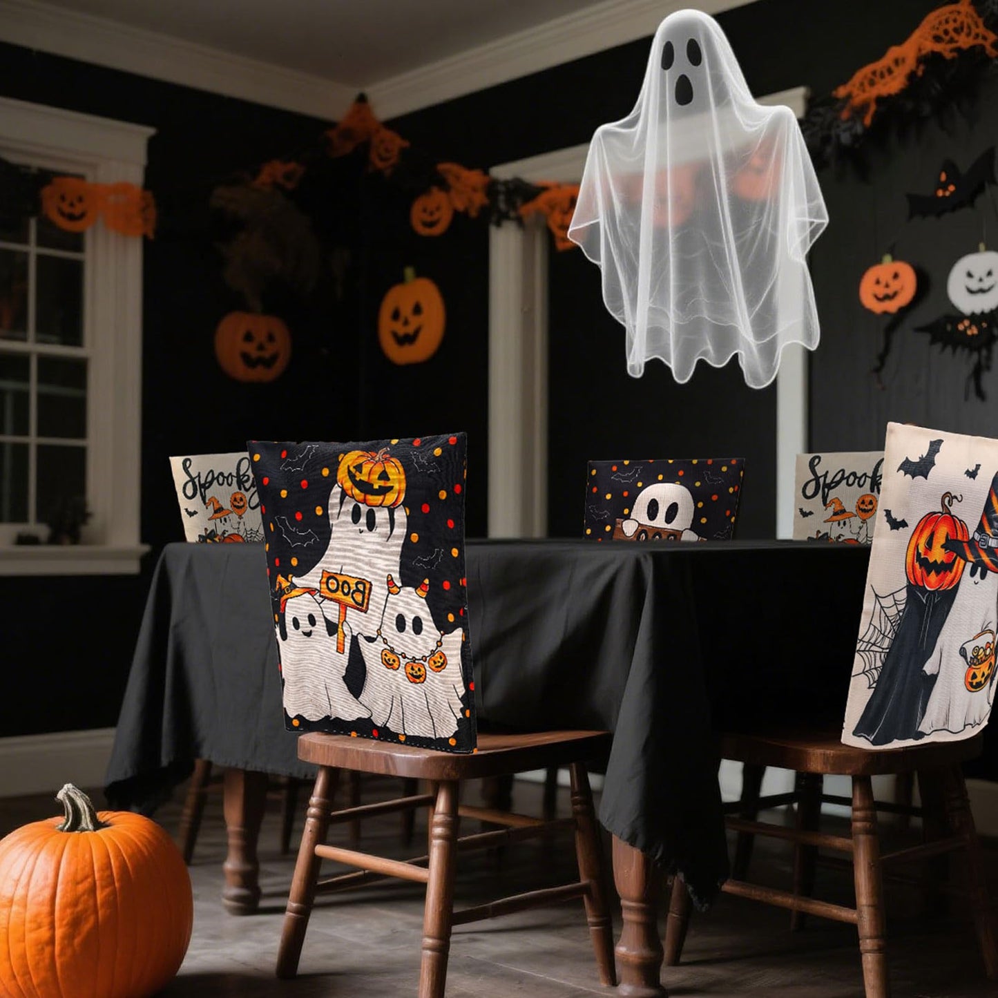 JarThenaAMCS 4Pcs Halloween Chair Back Cover Spooky Boo Ghost Bat Pumpkin Face Seat Covers Dining Chair Slipcover Protector for Trick or Treat Home Kitchen Decor