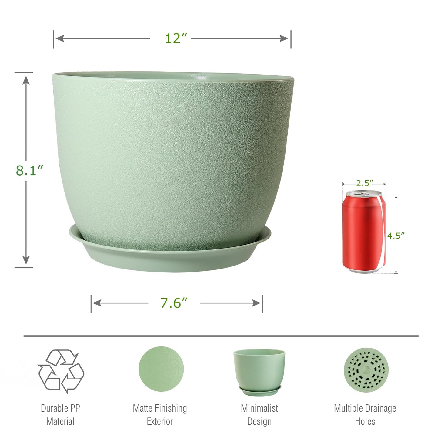 UOUZ 12inch Large Plant Pot, Modern Plastic Planter with High Driange Holes and Saucer for Indoor Outdoor Garden Plants and Flowers, Green