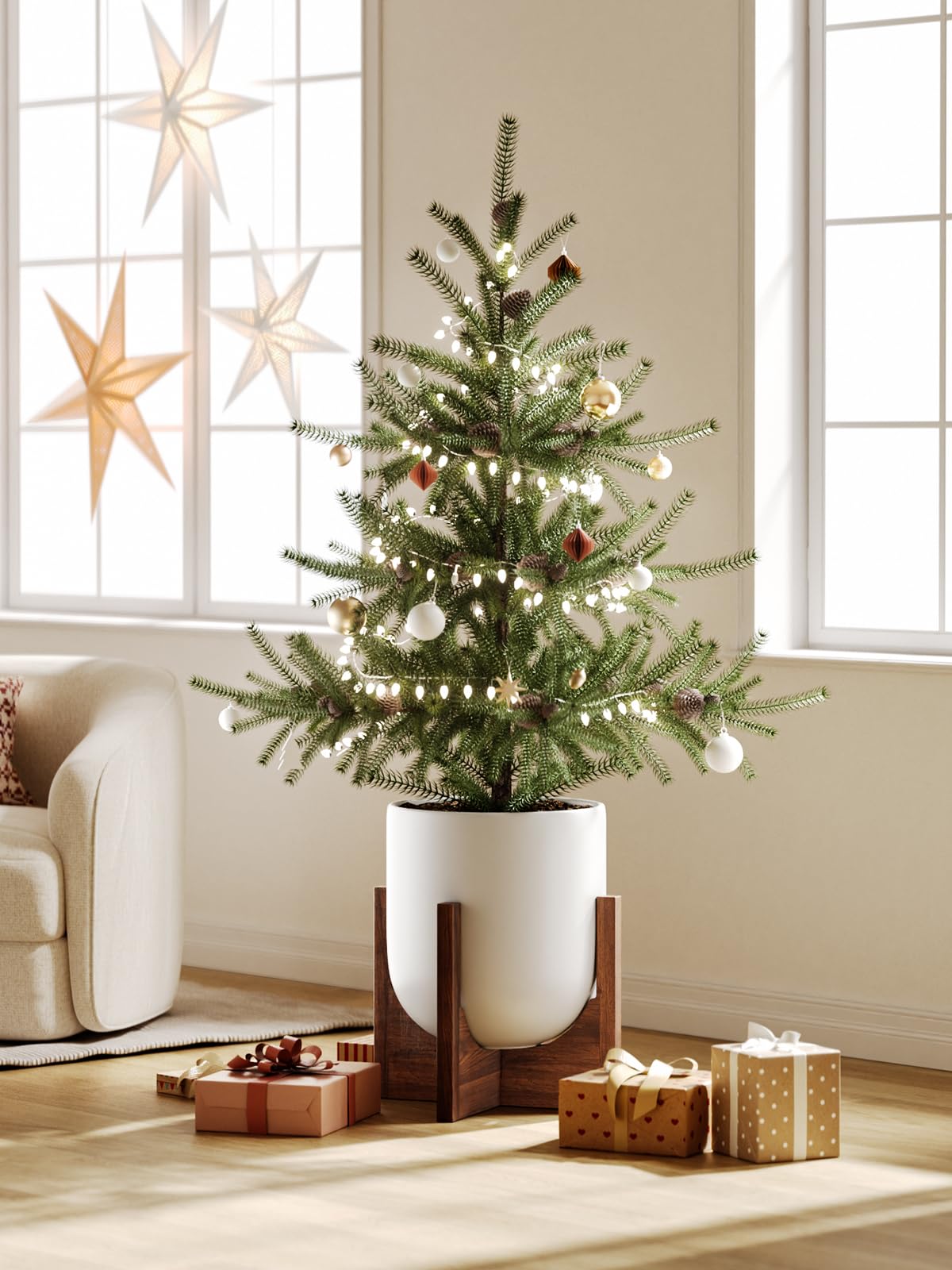LE TAUCI 12 Inch Pots for Plants with Acacia Wood Stand, Ceramic Large Planters for Indoor Plants, Indoor Planters for Office Living Room, Cylinder Pots with Drainage Hole and Plug, White