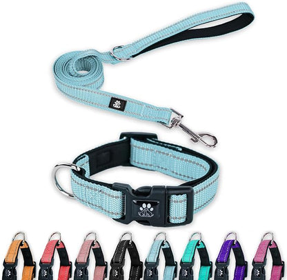 FURRYFECTION Reflective Dog Collar and Leash Set, Quick Release Buckle, Padded Neoprene, Adjustable Nylon for Small Medium Large Dogs (Large Collar+5FT Leash, Blue)