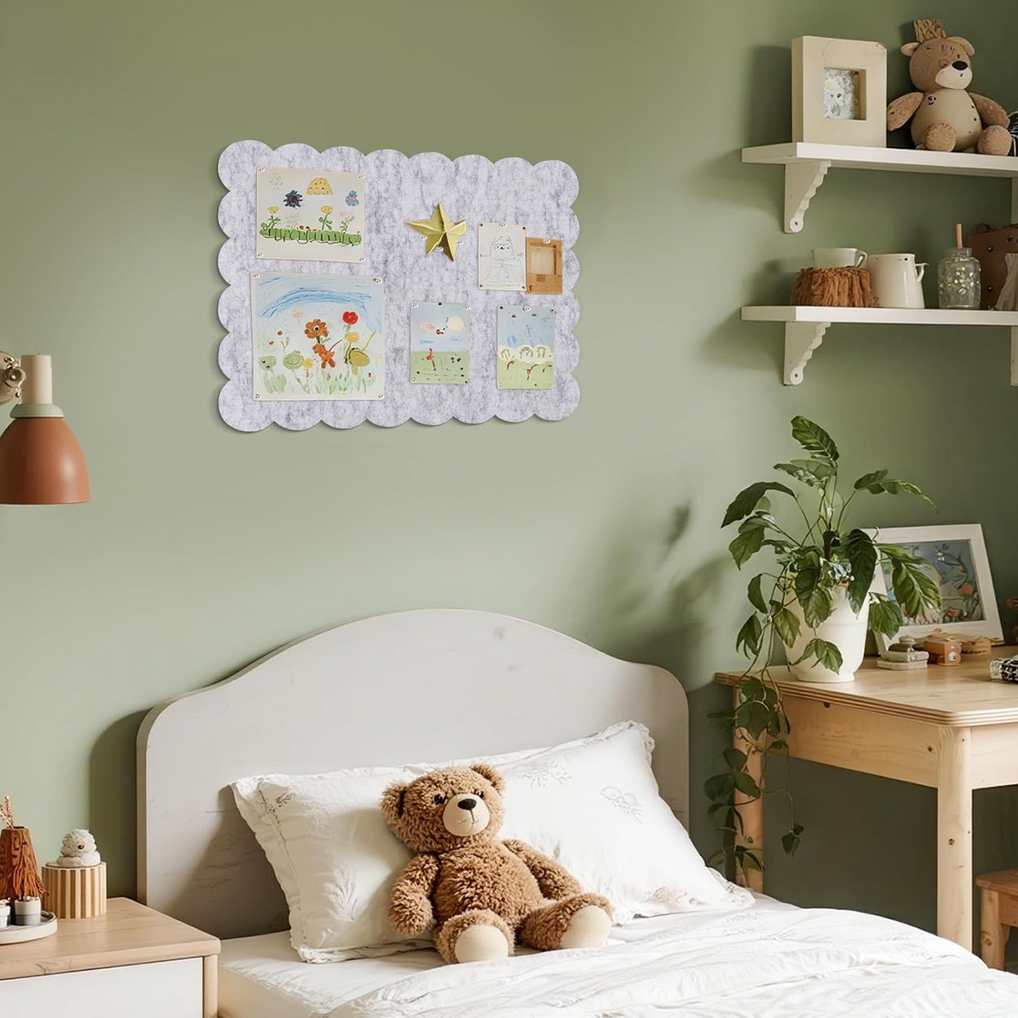 Lightomorrow Scalloped Bulletin Board, 24 x 18 Inches Felt Pin Board - Decorative Cork Alternative for Wall, Foldable Picture Self-Adhesive Vision Prayer Board with 20 Pushpins - Marble White