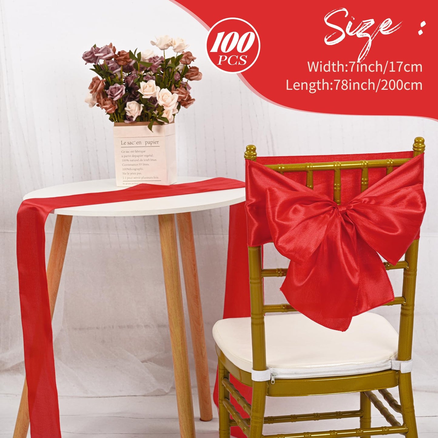 LOKUME 100 PCS Satin Chair Sashes Bows, Red Ribbon Ties Back Sash for Wedding Birthday Banquet Party Hotel Event Cover Decoration (7 x 78 Inch)