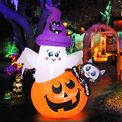 COMIN 5 FT Halloween Inflatables Pumpkin Ghost Cat Outdoor Decorations Blow Up Yard with Built-in LEDs for Indoor Party Garden Lawn Decor