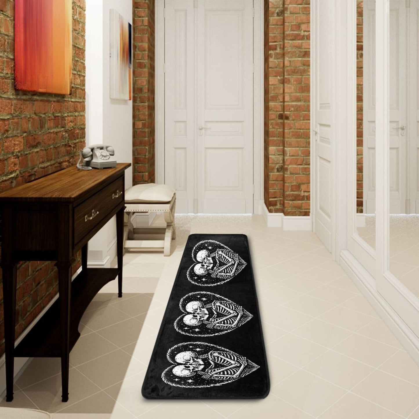 ALAZA Skull Skeleton Love Heart Black Runner Area Rug Non Slip Floor Mat for Hallway Entryway Living Room Bedroom Dorm Home Decor 72x24 inches