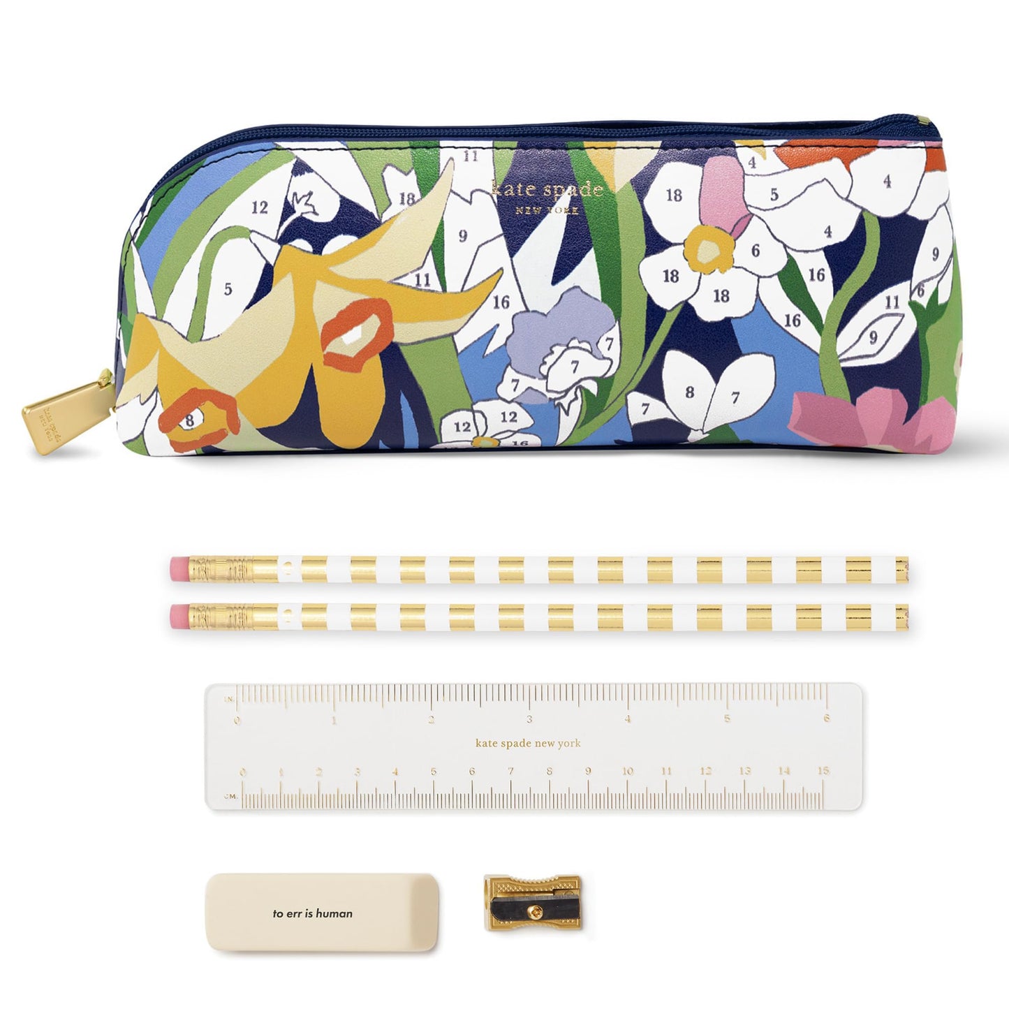 kate spade new york Pen and Pencil Case with Office Supplies, Zip Pouch Includes 2 Pencils, Sharpener, Eraser, and Ruler, Paint by Numbers