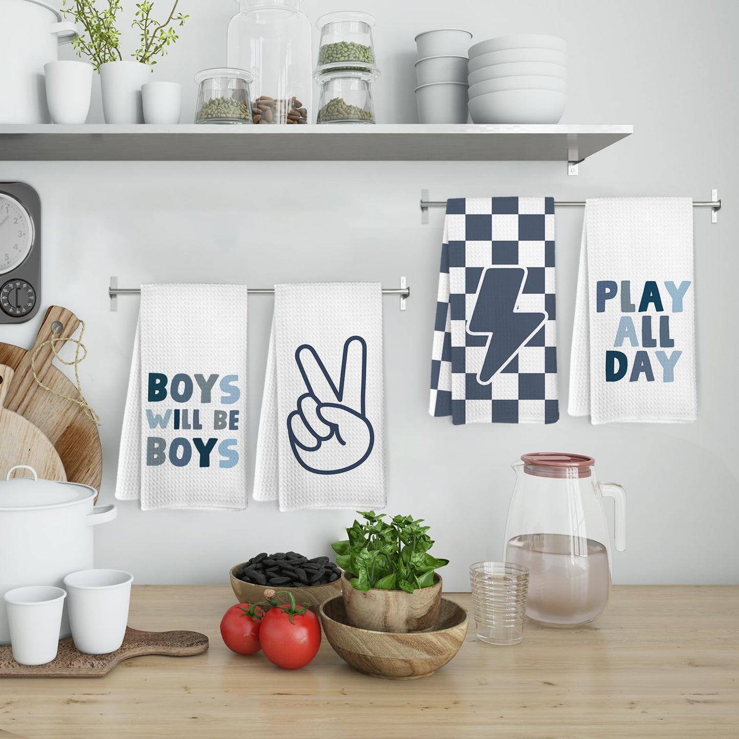 KFXHANGD Blue Boys Kids Hand Tea Towel Set of 4 for Bathroom, Blue Checkered Dish Towels, Motivational Affirmation Decorative Dish Tea Towel for Kitchen, Boys Bathroom Decor, 16x24 Inches