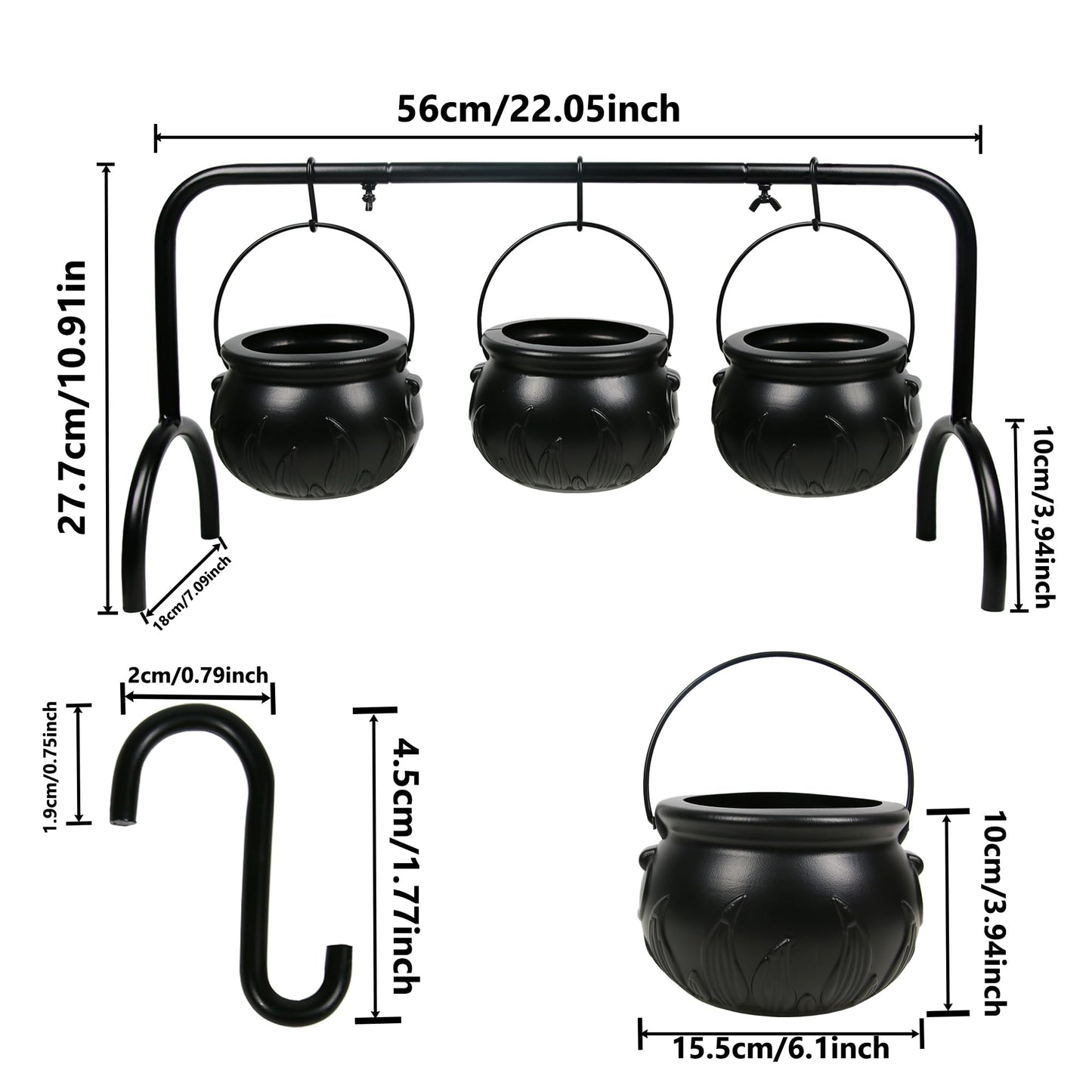 Darnassus Halloween Cauldron on Rack - Set of 3 Witches Serving Bowls, Candy Bowl, Black Plastic Decor for Party Decoration