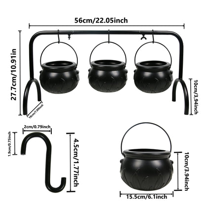 Darnassus Halloween Cauldron on Rack - Set of 3 Witches Serving Bowls, Candy Bowl, Black Plastic Decor for Party Decoration