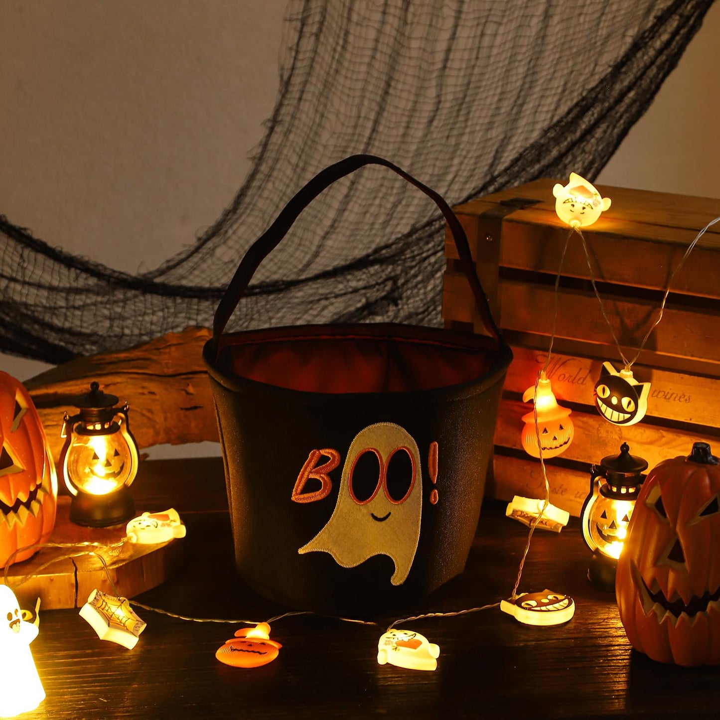 Halloween Bucket Halloween Basket for Kids, Trick or Treat Bags with Embroidery Foldable Candy Buckets Pumpkin Bucket Candies Basket with Handle for Party Decorations, (Black)