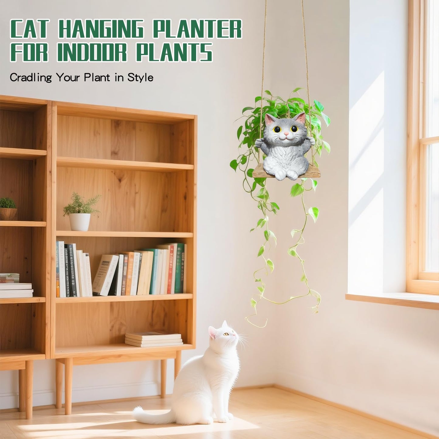 Pyoimmne Cat Hanging Planters for Indoor Outdoor Plants, Small Cute Hanging Pots for Succulent, String of Pearls Plant, Resin Hanging Flower Pots with Drainage Hole, Unique Gift, Garden Home Decor