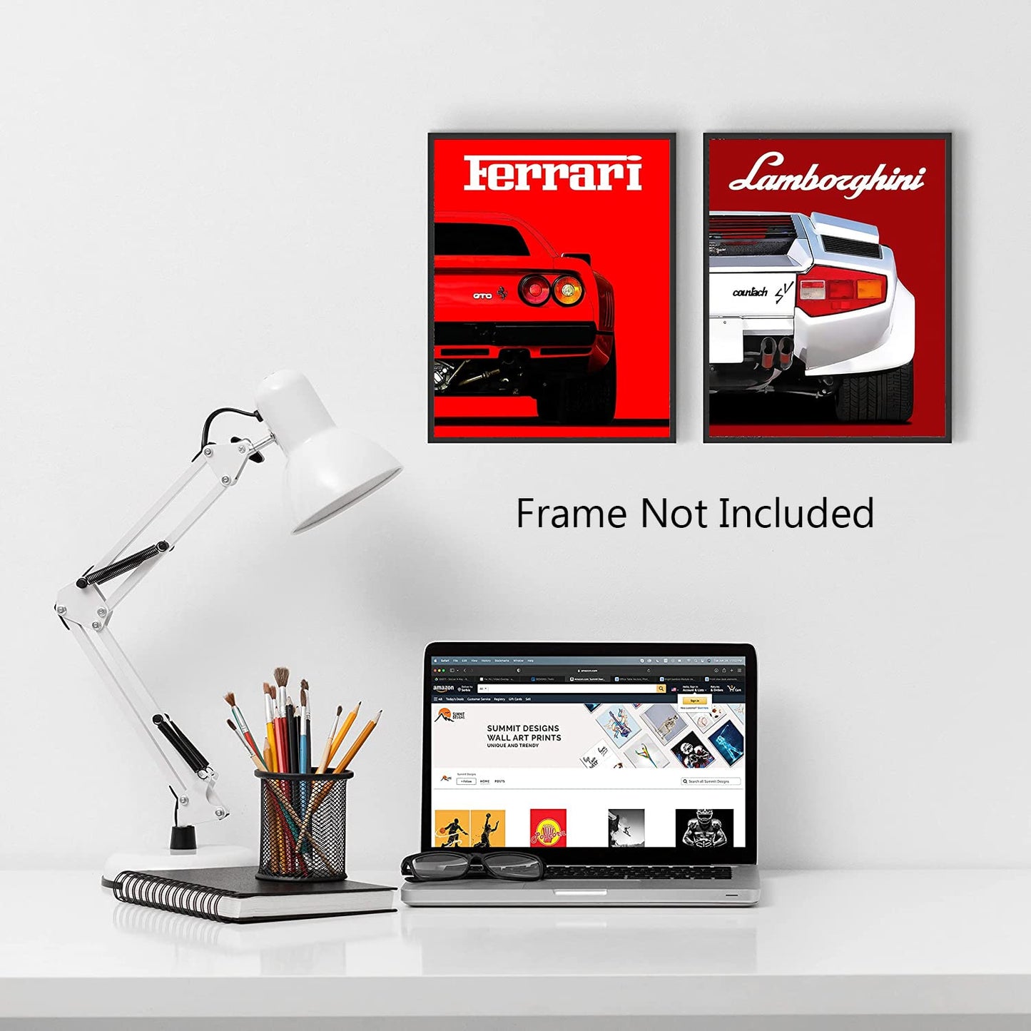 Modern Car Posters Classic Supercar Wall Art Prints, Cool Racing Ferrari Lamborghini McLaren Pagani Canvas Posters for Man Cave Boys Room Wall Decor, Sports Car Art Prints, Set of 4 (8"x10" Unframed)