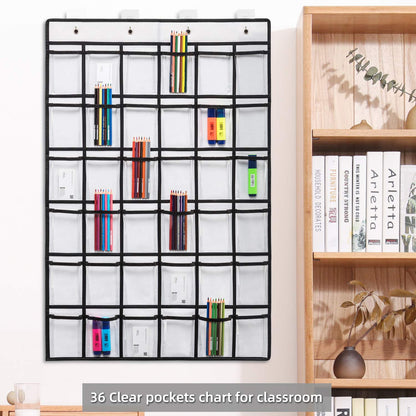 SAVERHO 2 Pack 36 Pockets Classroom Pocket Chart for Cell Phone Calculator Holder,Clear Pocket Chart Organizer for Classroom Cellphone Storage with 36 Number Sticker Size:38.5x25.7 Inch (White-2pack)