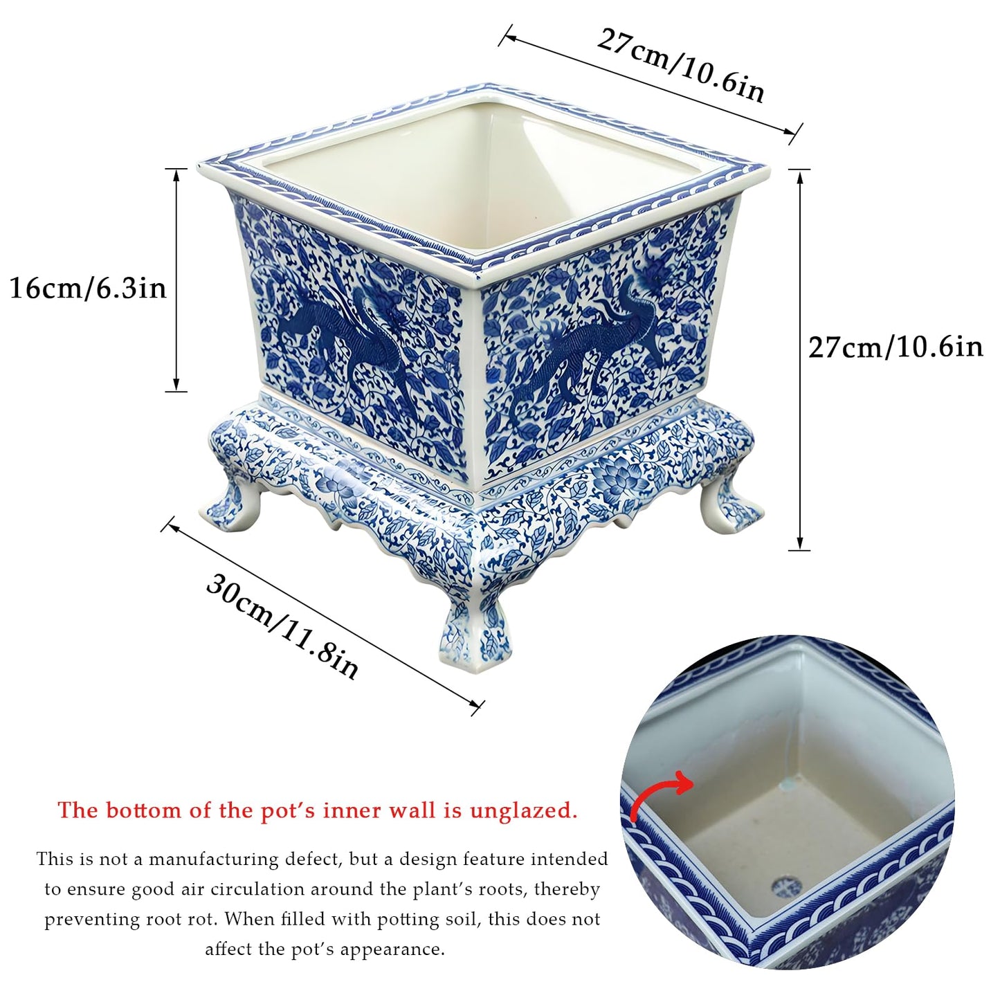 WLBHWL Chinoiserie Blue and White Chinese Porcelain Square Planter Jingdezhen Hand Painted Extra Large Flower Pots Square Porcelain