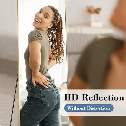 NEWBULIG Mirror Full Length, 56"x15" Body Wall Mirrors with Shatter-Proof Glass, Upgraded Floor Standing Mirror, Hanging or Leaning, with Stand Aluminum Alloy Frame for Home Decor, Bedroom, Gold