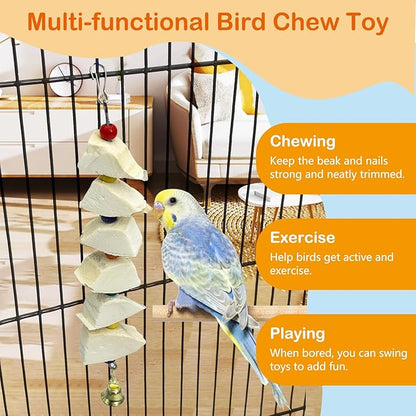 3 Pack Bird Chewing Toy Cuttlebone Parrot Toy with Bell Hanging Bird Beak Grinding Stone Parakeet Cage Accessories for Small & Medium Budgies Lovebirds Cockatiels (Block, 6 Per Skewer)