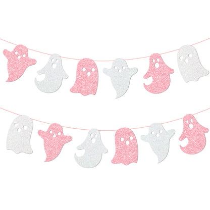 Halloween Party Supplies Halloween Hanging Ghost Banner 2PCS Glitter White Pink Ghost Birthday Party Cutout Banner for Home Haunted Houses Baby Shower Decor