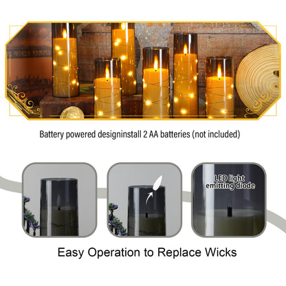 Eebuss Flameless Candles with Embedded Star String, Battery Operated LED Pillar Candles with Timer and Remote Control,Home Decorating for Ambiance， Set of 7(Grey)