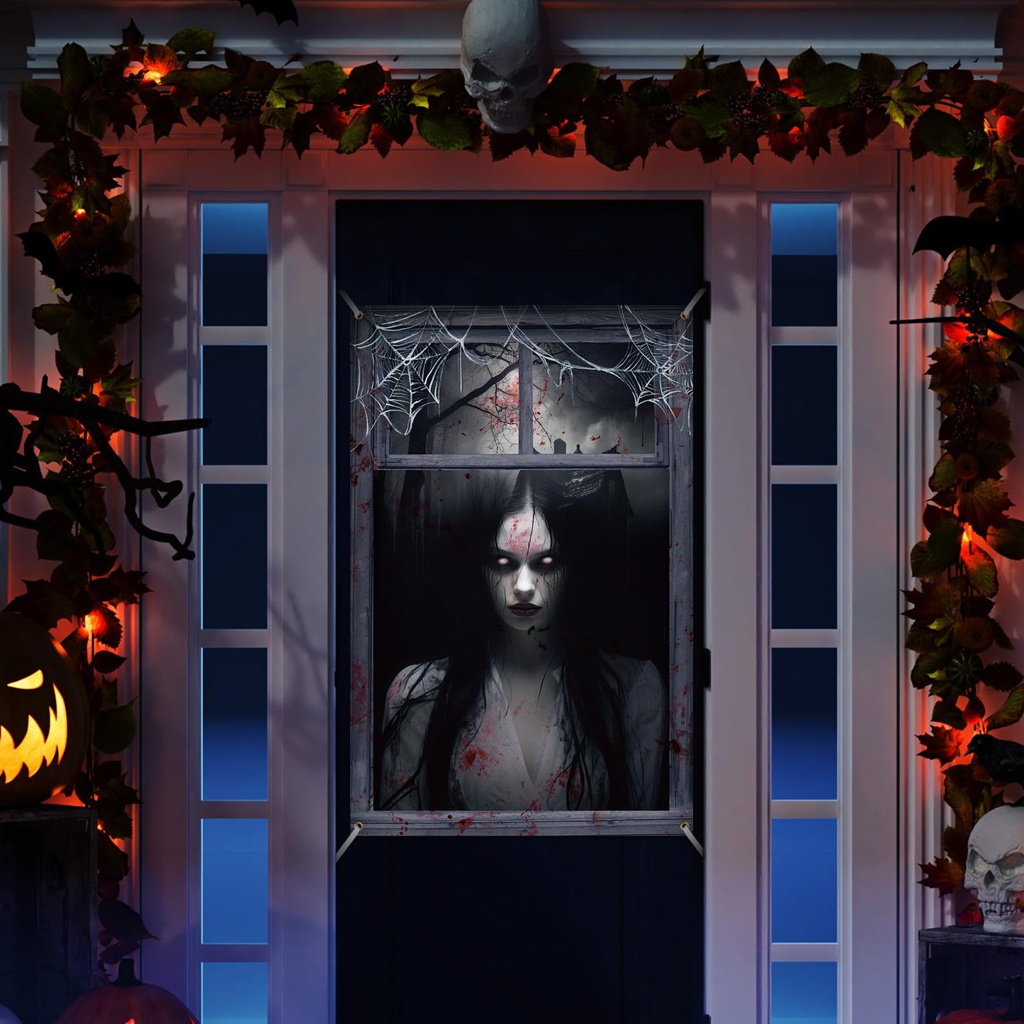 Newwiee 2 Pcs Scary Halloween Curtain Window Silhouette Cover Decoration Theme Poster for Indoor Outdoor Party Wall Door(Female Ghost)