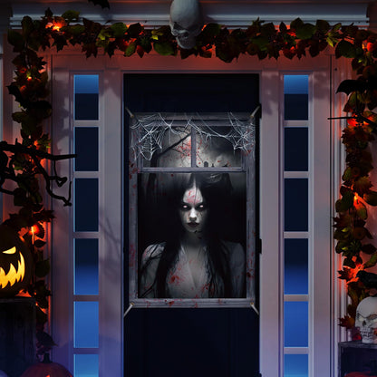 Newwiee 2 Pcs Scary Halloween Curtain Window Silhouette Cover Decoration Theme Poster for Indoor Outdoor Party Wall Door(Female Ghost)