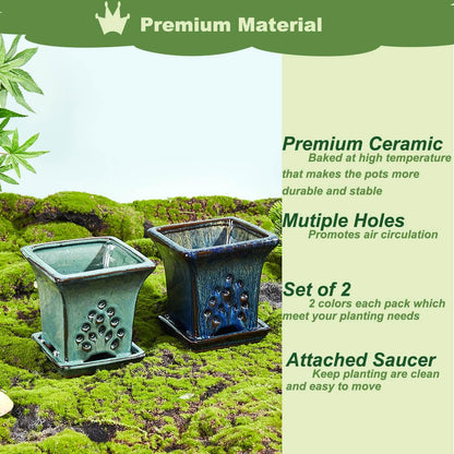 Ceramic Orchid Pots with Holes attached Saucers 4.8 Inches - Set of 2 Small Square Orchid Pots for Repotting, Decorative Ceramic Orchid Planter with Hole for Healthy Root Growth Blue and Green