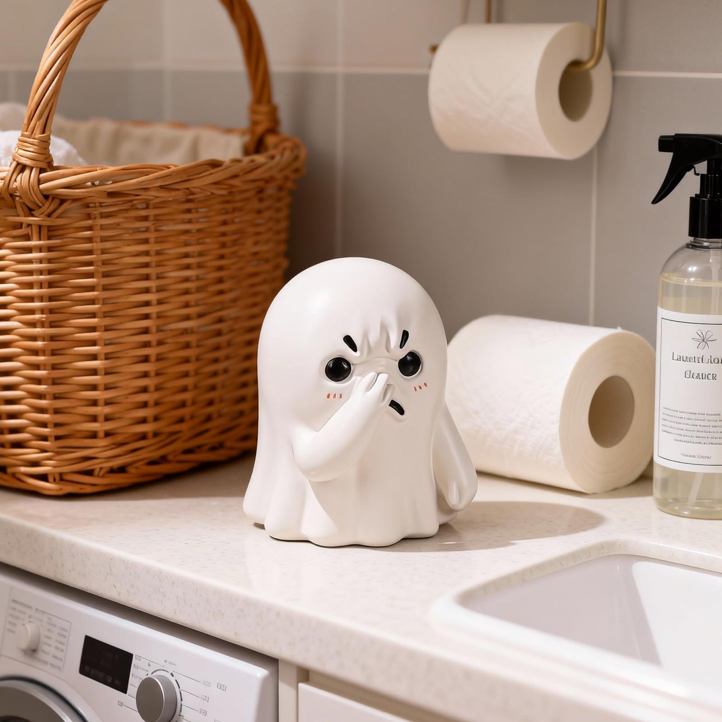 LINYTHER Holding Nose Small Ghost Figurine - Cute Ghost Decor Bathroom Statue, Halloween Decorations Indoor for Desk Porch Mantel Bathroom Shelf Spooky Home Decor, Funny Goth Gifts(Resin)