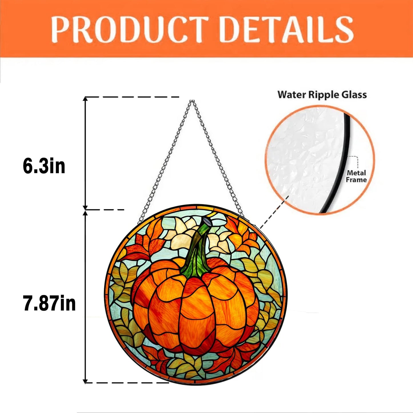 Autumn Pumpkin Stained Glass Window Hanging, Fall Harvest Suncatcher with Leaves & Flowers, Thanksgiving and Halloween Window Decor for Home & Kitchen