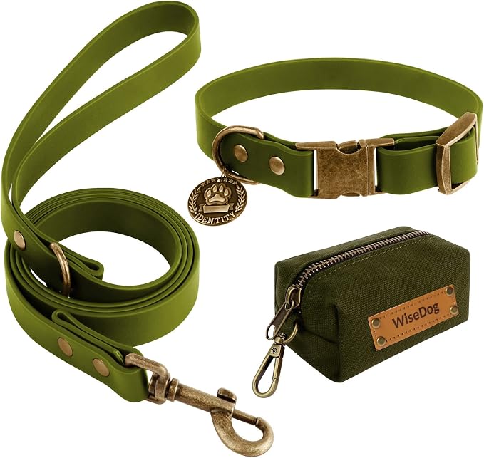 Wisedog Waterproof Dog Collar and Leash Set, Large, Green | Adjustable Puppy Collar, Cute Tag, 5FT Leash, Includes Poop Bag, For Small Medium Large Dogs