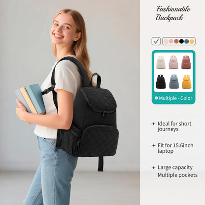 NOL Natural Organic Lifestyle Women's Quilted Puffer Backpack, Large Waterproof Lightweight Puffy Bookbag, Carry on Daypack for Travel, Work (Black)