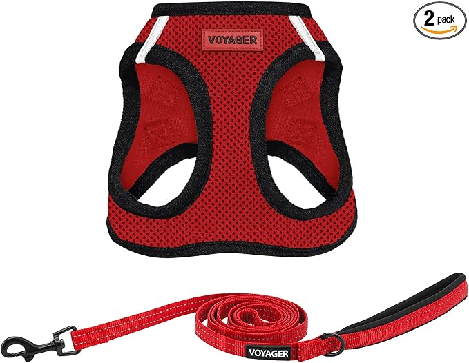 Best Pet Supplies Voyager Step-in Air All Weather Mesh Harness and Reflective Dog 5ft Leash Combo with Neoprene Handle, for Small, Medium and Large Breed Puppies - Red/Black Trim, X-Small