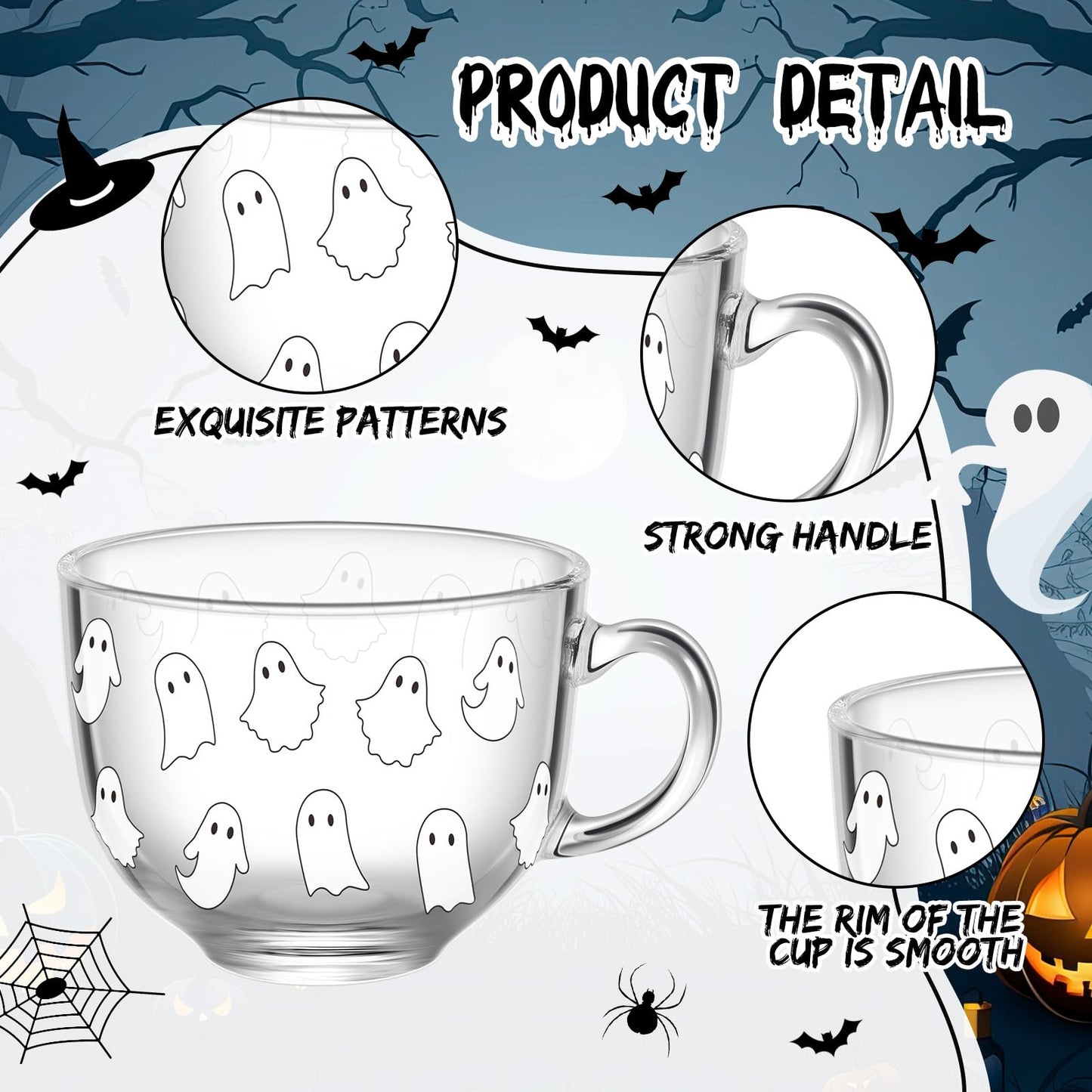 Sliner 6 Pcs Halloween Glass Coffee Mugs with Handle, 16 oz Clear Irish Coffee Mugs Halloween Ghost Footed Irish Glasses Cups for Beverages Latte Hot Chocolate(Ghost)