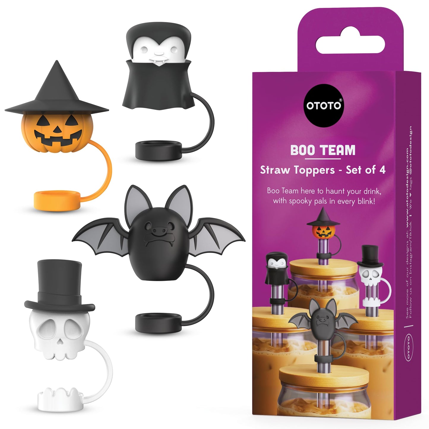 OTOTO Boo Team Straw Toppers Set of 4 - Straw Covers Cap for Tumblers, Covers, Caps for Tumbler Accessories, Cute Water Bottle Accessories, Goth Halloween Spooky Witchy Gifts, Witch