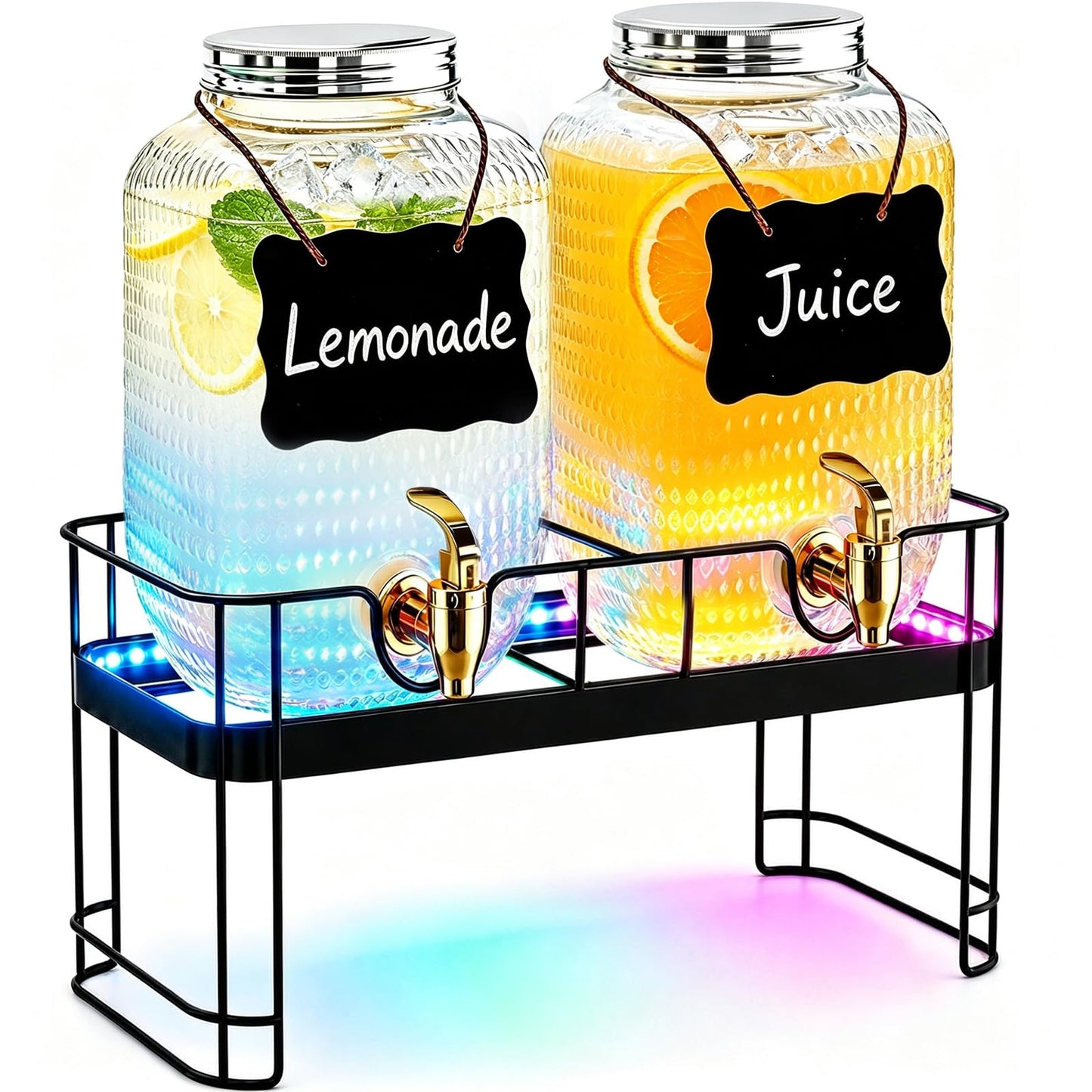 PAROTO Glass Drink Dispensers for Parties, 2 Pack 1 Gallon Each Beverage Dispenser with Stand and LED Strip Light, Juice Lemonade Water Dispenser with Spigot for Wedding, Bar, Picnic, BBQ, Buffet