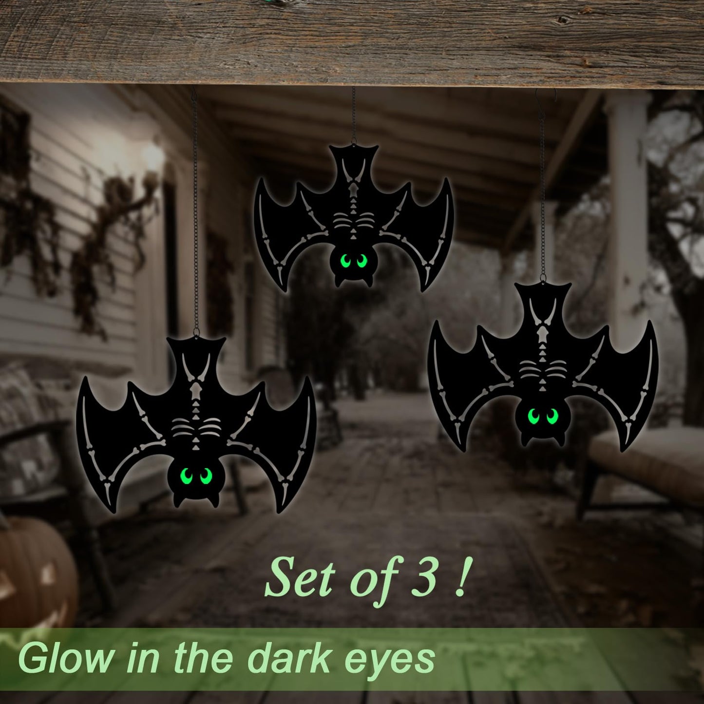3pcs Metal Hanging Bats Outdoor Halloween Decorations,Black Bat with Glow in The Dark Eyes for Indoor/Outdoor,Halloween Decor